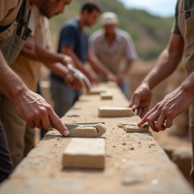 Artisans de l’atelier ajustant des lauzes sur un chantier